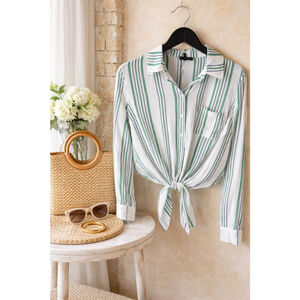 Women's White Striped Button Down Tie Front Blouse Long Sleeve Fit Flare Size S